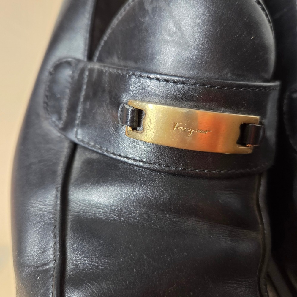 Salvatore Ferragamo Black Leather Block Heel Loafers Gold Logo Italy women 6.5B - Picture 2 of 15